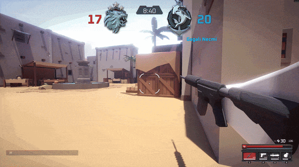 First-person firefight in a desert town